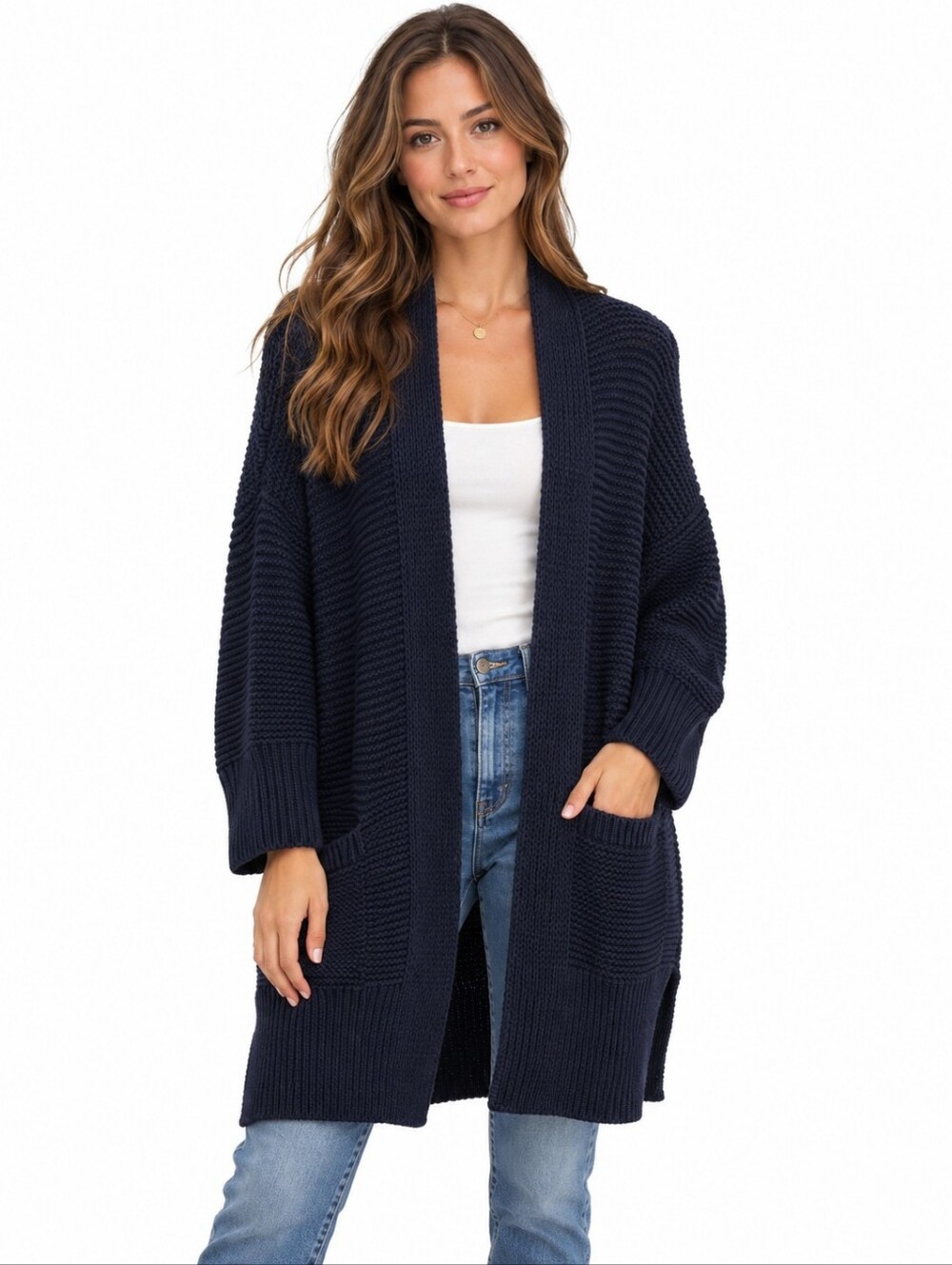 Zara Knit Navy Chunky Oversized Long Open Cardigan Sweater Size M